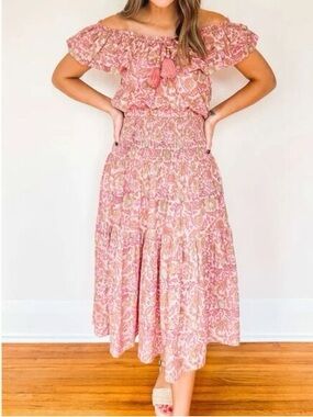 Off-Shoulder Pink Paisley Midi Dress with Smocked Waist